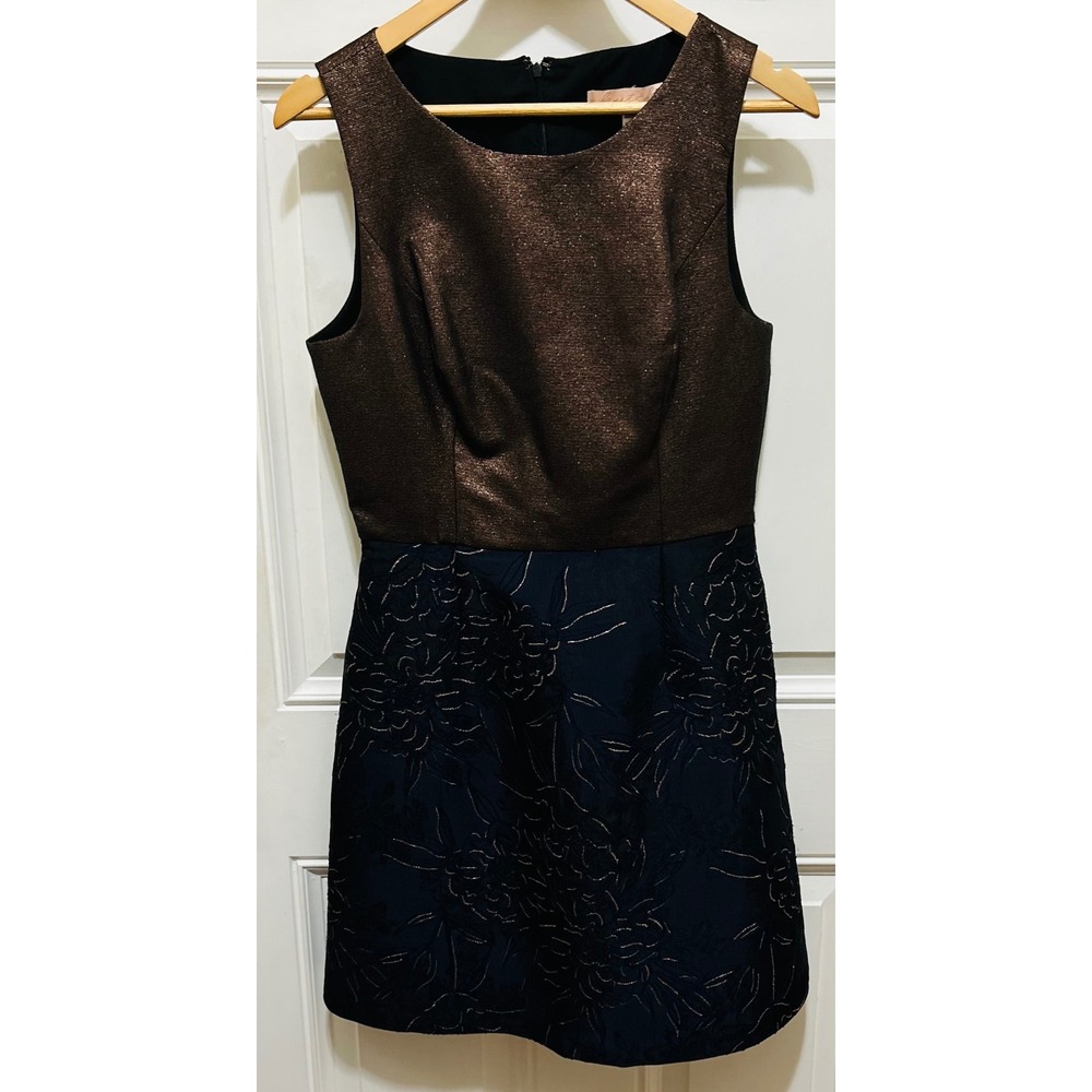 Anthropologie Hutch‎ Lina Metallic Floral Fit Flare Dress Bronze Navy Size 10 - Picture 3 of 9